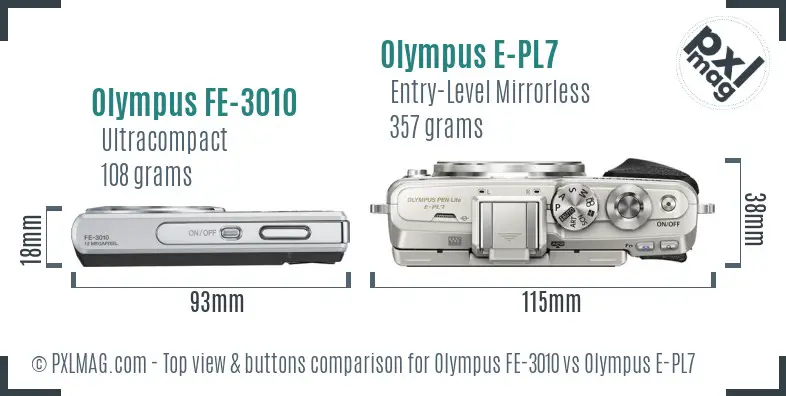 Olympus FE-3010 vs Olympus E-PL7 top view buttons comparison