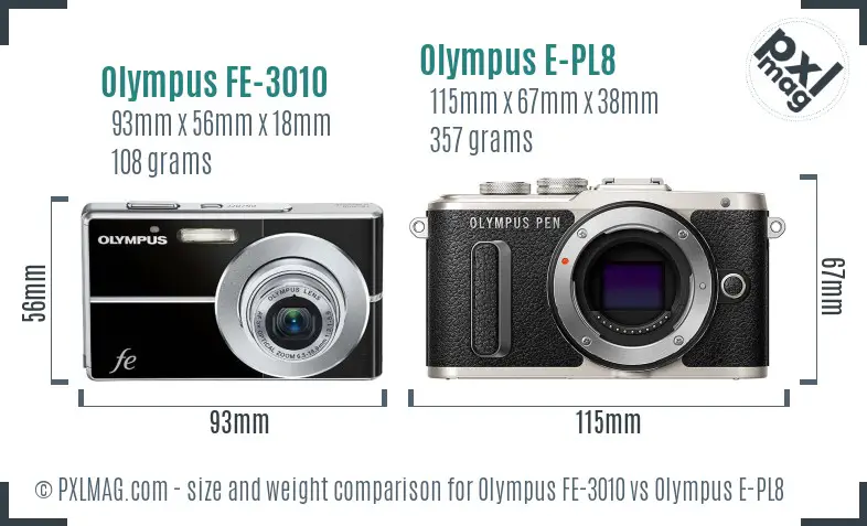 Olympus FE-3010 vs Olympus E-PL8 size comparison