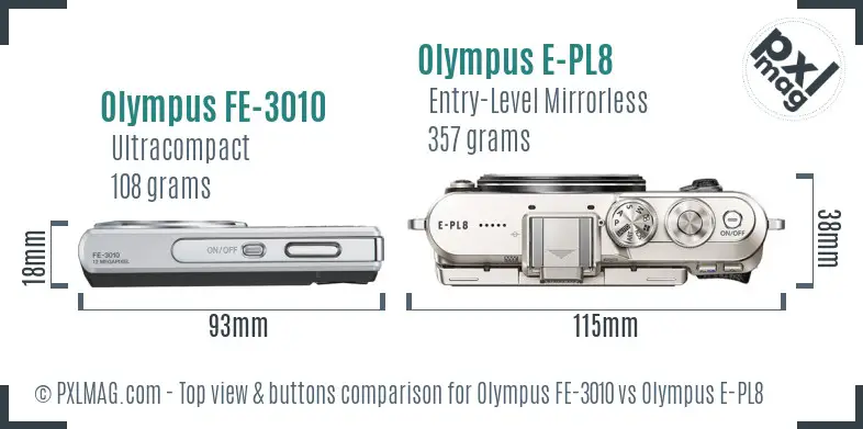 Olympus FE-3010 vs Olympus E-PL8 top view buttons comparison