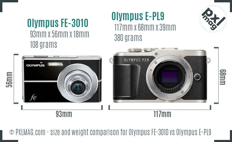 Olympus FE-3010 vs Olympus E-PL9 size comparison