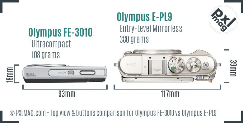 Olympus FE-3010 vs Olympus E-PL9 top view buttons comparison