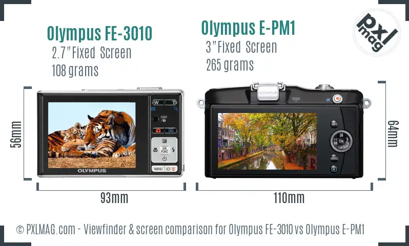 Olympus FE-3010 vs Olympus E-PM1 Screen and Viewfinder comparison