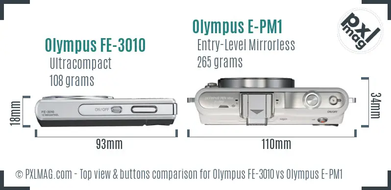 Olympus FE-3010 vs Olympus E-PM1 top view buttons comparison