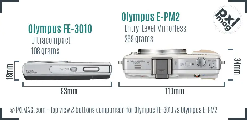 Olympus FE-3010 vs Olympus E-PM2 top view buttons comparison