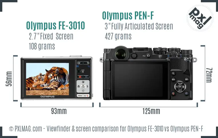 Olympus FE-3010 vs Olympus PEN-F Screen and Viewfinder comparison