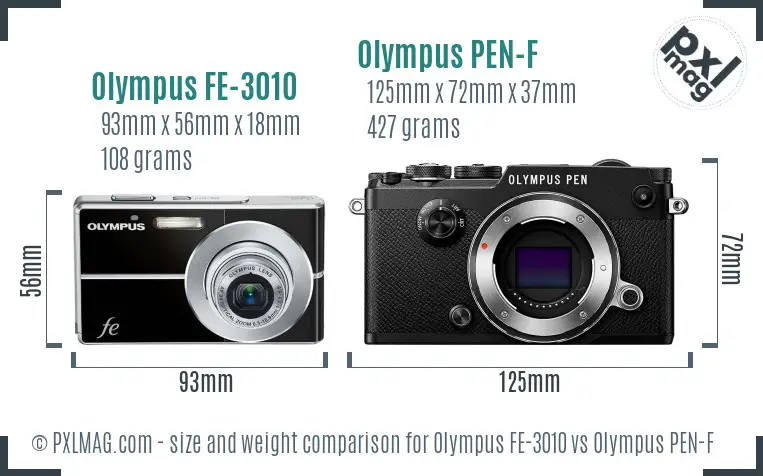 Olympus FE-3010 vs Olympus PEN-F size comparison