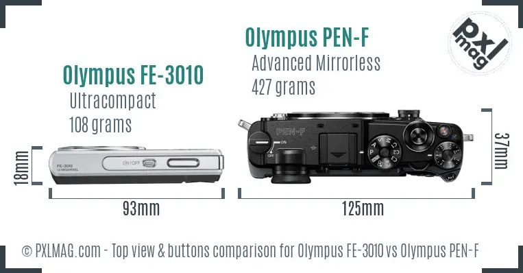 Olympus FE-3010 vs Olympus PEN-F top view buttons comparison