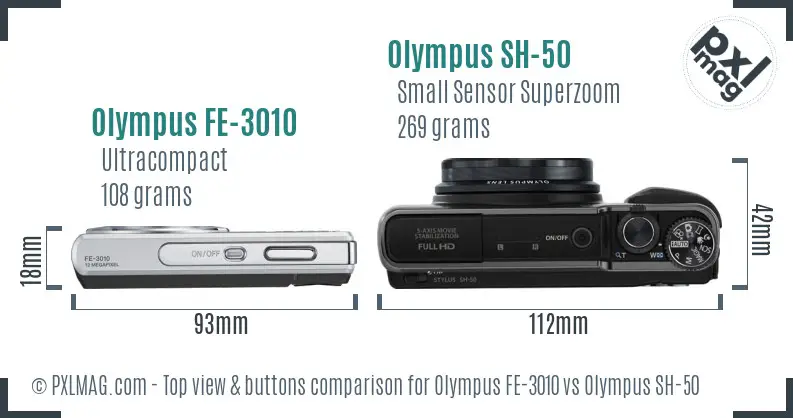 Olympus FE-3010 vs Olympus SH-50 top view buttons comparison