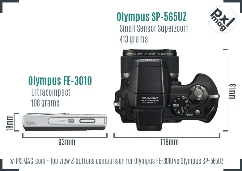 Olympus FE-3010 vs Olympus SP-565UZ top view buttons comparison