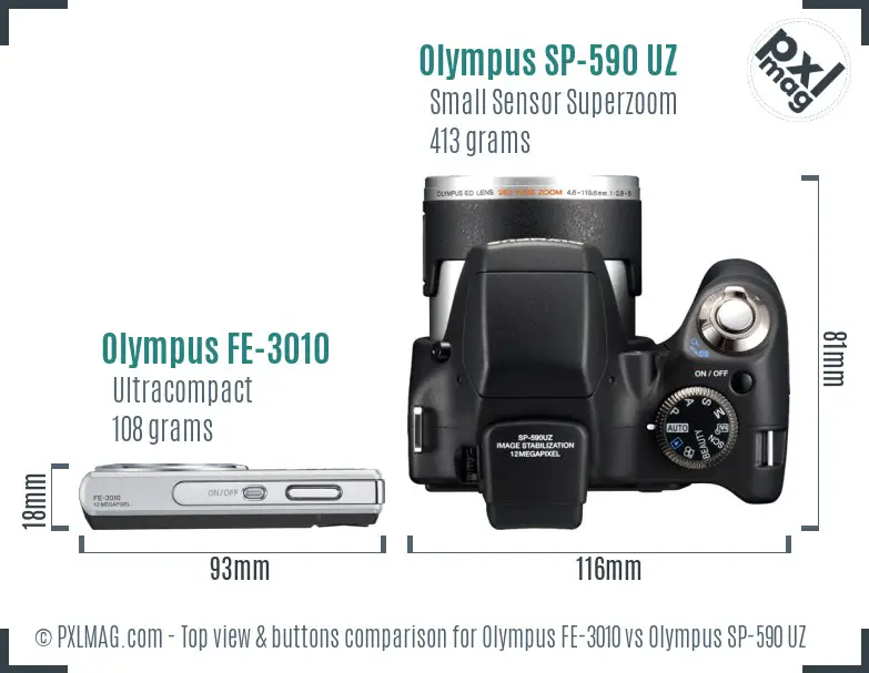 Olympus FE-3010 vs Olympus SP-590 UZ top view buttons comparison