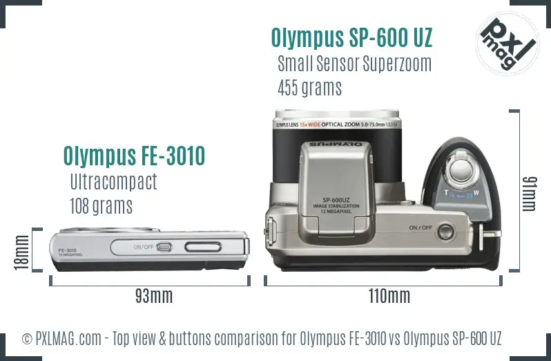 Olympus FE-3010 vs Olympus SP-600 UZ top view buttons comparison