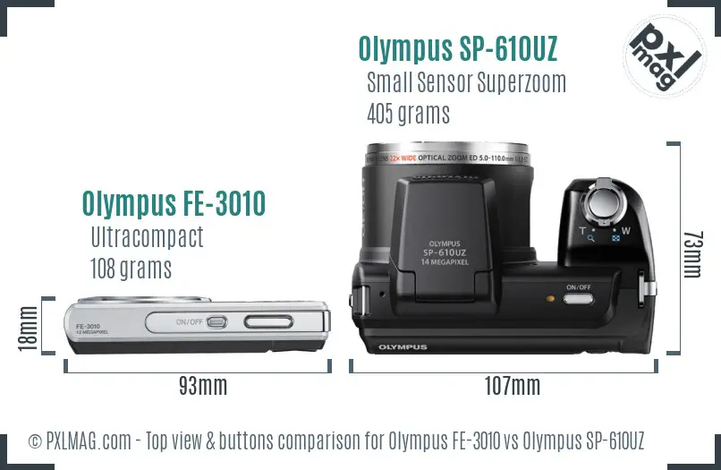 Olympus FE-3010 vs Olympus SP-610UZ top view buttons comparison