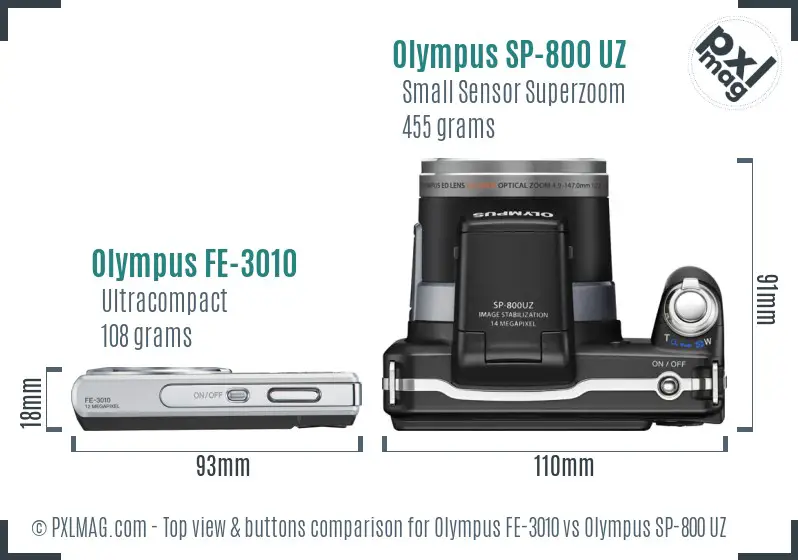 Olympus FE-3010 vs Olympus SP-800 UZ top view buttons comparison