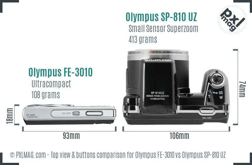 Olympus FE-3010 vs Olympus SP-810 UZ top view buttons comparison