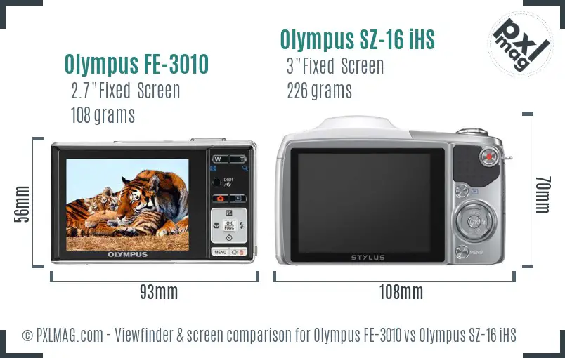 Olympus FE-3010 vs Olympus SZ-16 iHS Screen and Viewfinder comparison