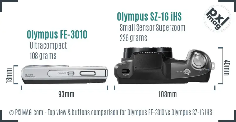 Olympus FE-3010 vs Olympus SZ-16 iHS top view buttons comparison