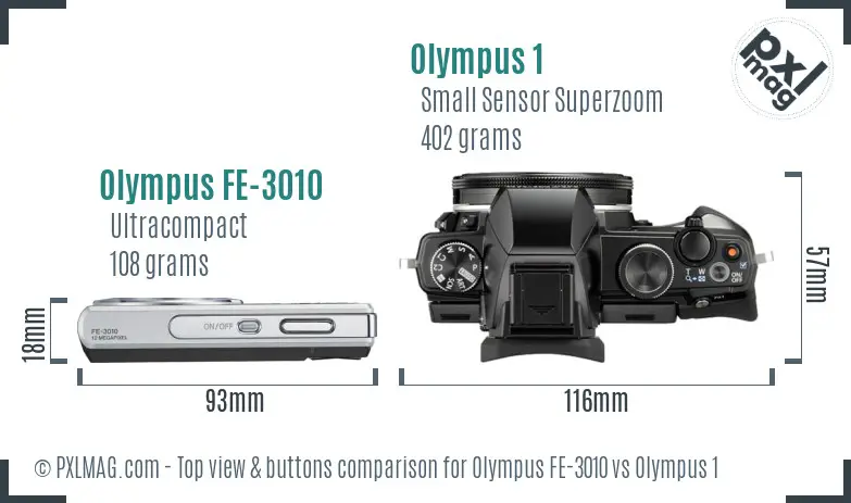 Olympus FE-3010 vs Olympus 1 top view buttons comparison