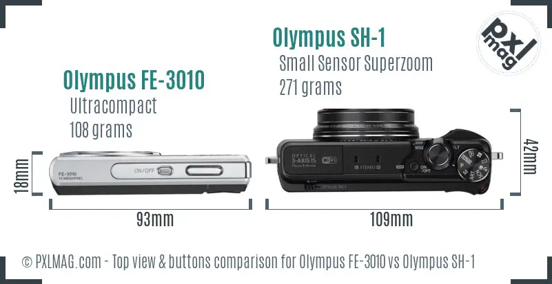 Olympus FE-3010 vs Olympus SH-1 top view buttons comparison