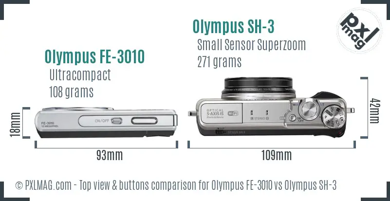 Olympus FE-3010 vs Olympus SH-3 top view buttons comparison