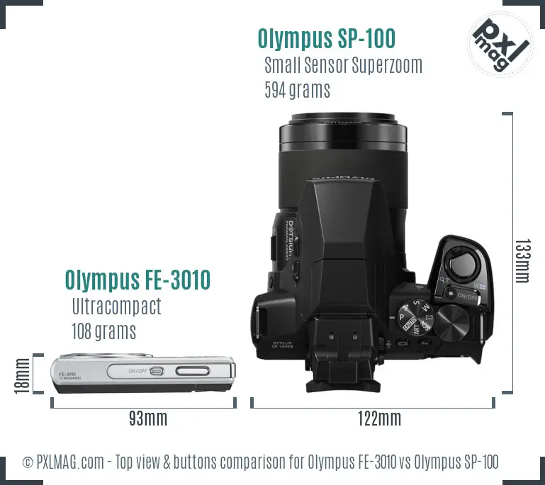 Olympus FE-3010 vs Olympus SP-100 top view buttons comparison