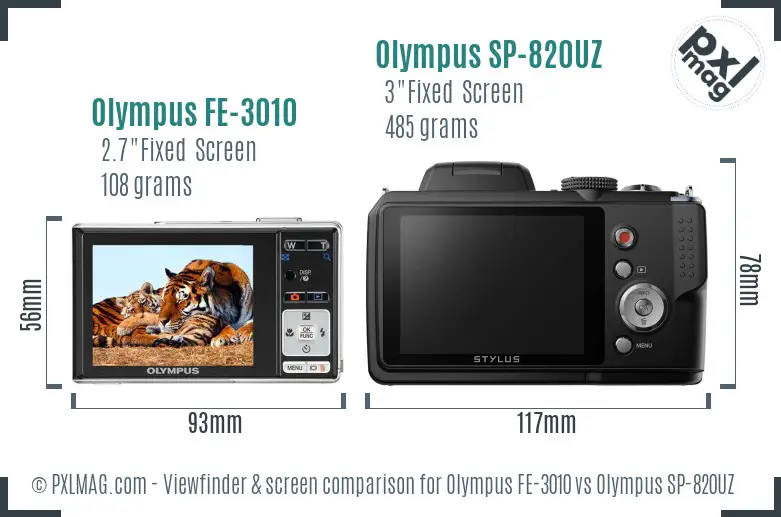 Olympus FE-3010 vs Olympus SP-820UZ Screen and Viewfinder comparison