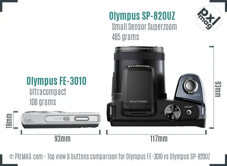Olympus FE-3010 vs Olympus SP-820UZ top view buttons comparison