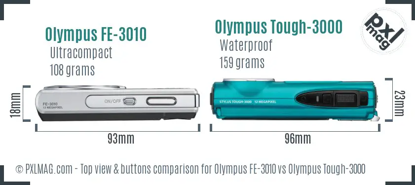 Olympus FE-3010 vs Olympus Tough-3000 top view buttons comparison