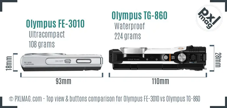 Olympus FE-3010 vs Olympus TG-860 top view buttons comparison