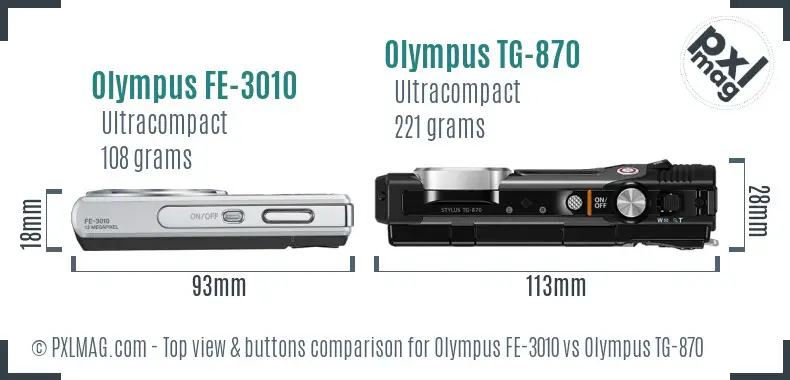 Olympus FE-3010 vs Olympus TG-870 top view buttons comparison