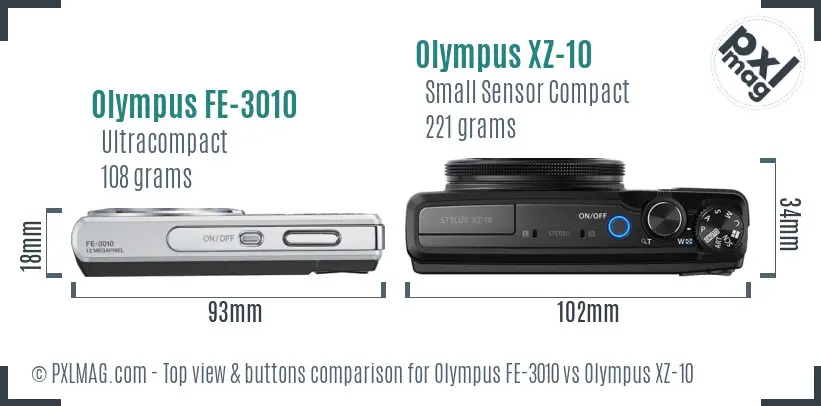 Olympus FE-3010 vs Olympus XZ-10 top view buttons comparison
