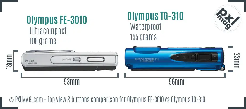 Olympus FE-3010 vs Olympus TG-310 top view buttons comparison
