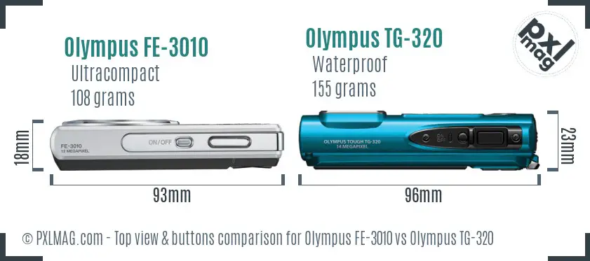 Olympus FE-3010 vs Olympus TG-320 top view buttons comparison
