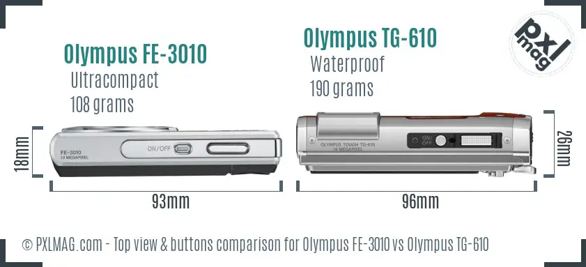 Olympus FE-3010 vs Olympus TG-610 top view buttons comparison