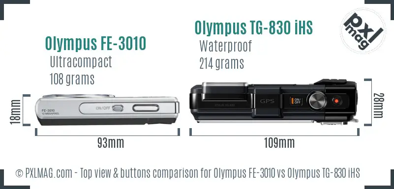 Olympus FE-3010 vs Olympus TG-830 iHS top view buttons comparison