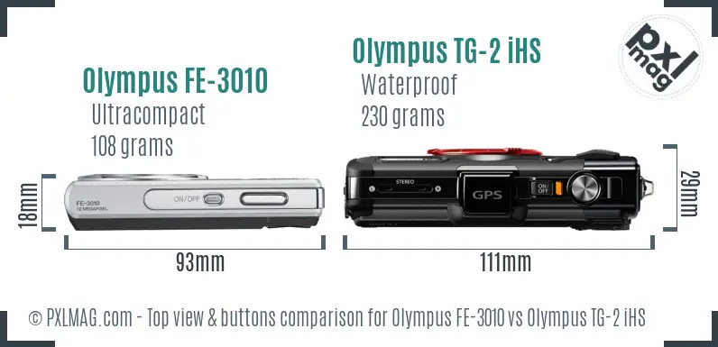 Olympus FE-3010 vs Olympus TG-2 iHS top view buttons comparison