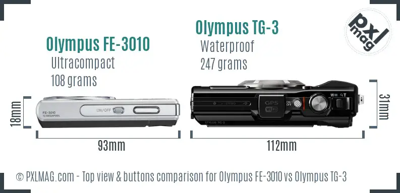Olympus FE-3010 vs Olympus TG-3 top view buttons comparison