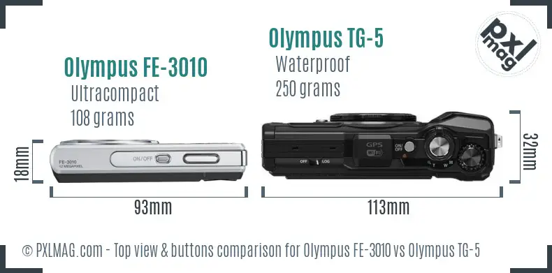 Olympus FE-3010 vs Olympus TG-5 top view buttons comparison