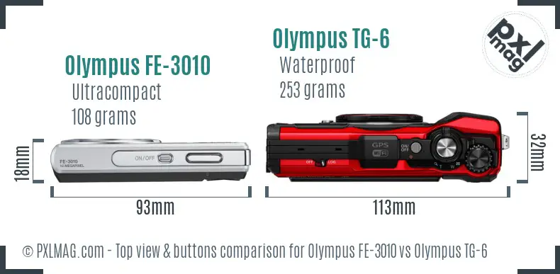 Olympus FE-3010 vs Olympus TG-6 top view buttons comparison