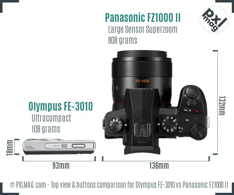 Olympus FE-3010 vs Panasonic FZ1000 II top view buttons comparison