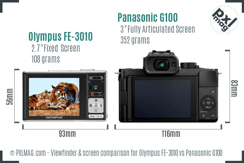 Olympus FE-3010 vs Panasonic G100 Screen and Viewfinder comparison