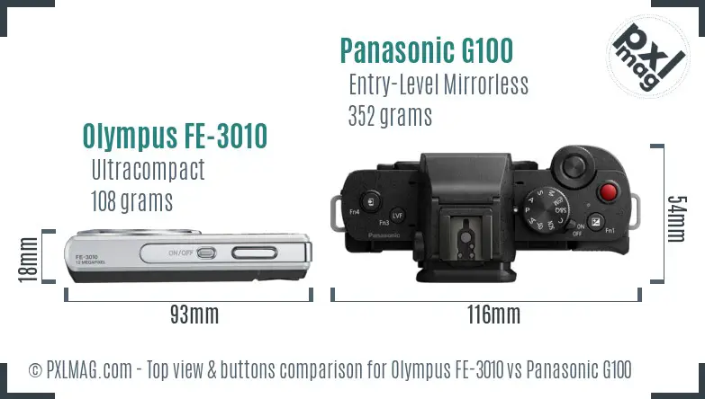 Olympus FE-3010 vs Panasonic G100 top view buttons comparison
