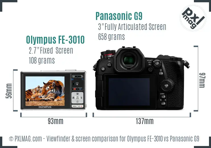 Olympus FE-3010 vs Panasonic G9 Screen and Viewfinder comparison