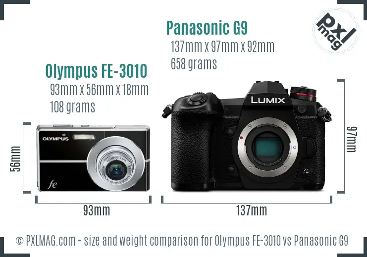 Olympus FE-3010 vs Panasonic G9 size comparison