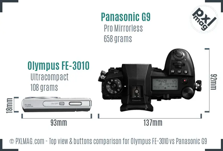Olympus FE-3010 vs Panasonic G9 top view buttons comparison