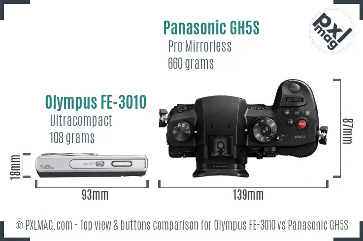 Olympus FE-3010 vs Panasonic GH5S top view buttons comparison