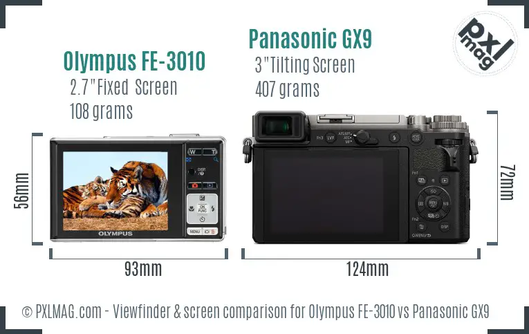 Olympus FE-3010 vs Panasonic GX9 Screen and Viewfinder comparison