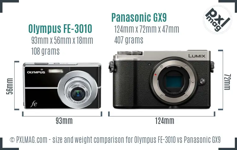 Olympus FE-3010 vs Panasonic GX9 size comparison