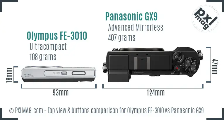 Olympus FE-3010 vs Panasonic GX9 top view buttons comparison