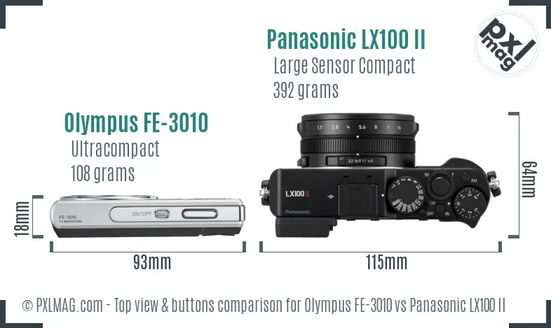 Olympus FE-3010 vs Panasonic LX100 II top view buttons comparison
