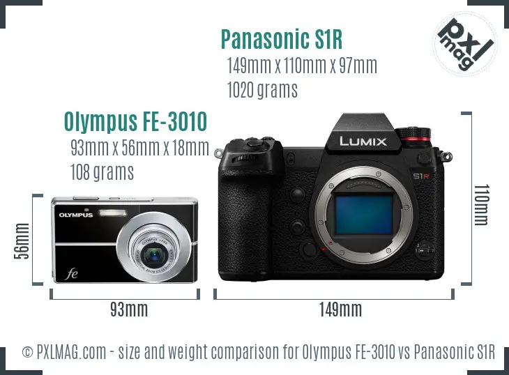 Olympus FE-3010 vs Panasonic S1R size comparison